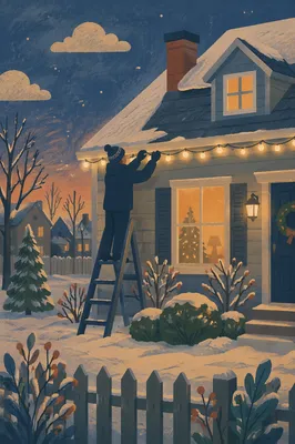 Hanging Christmas Lights on Snowy Rooftop