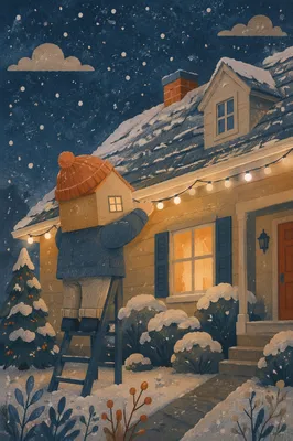Hanging Christmas Lights on Snowy Rooftop