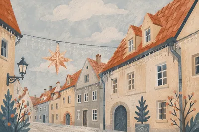 Christmas Lights Hanging on Rooftop Street