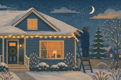 Hanging Christmas Lights on Snowy Rooftop