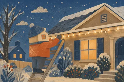 Hanging Christmas Lights on Snowy Rooftop