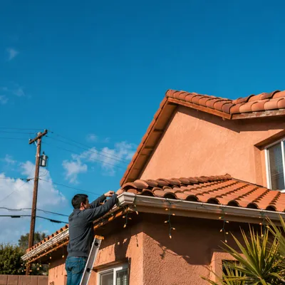 Hanging Christmas Lights on Suburban Rooftop