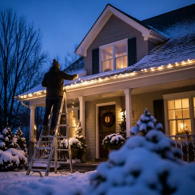 Hanging Christmas Lights on Snowy Rooftop