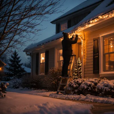 Hanging Christmas Lights on Snowy Rooftop