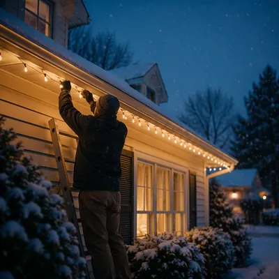 Hanging Christmas Lights on Snowy Rooftop