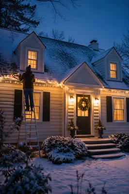 Hanging Christmas Lights on Snowy Rooftop