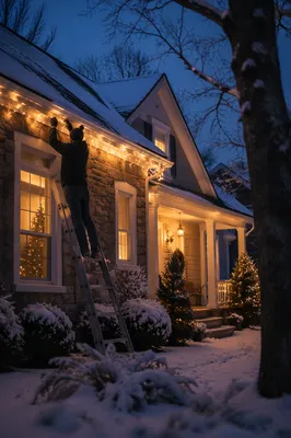 Hanging Christmas Lights on Snowy Rooftop