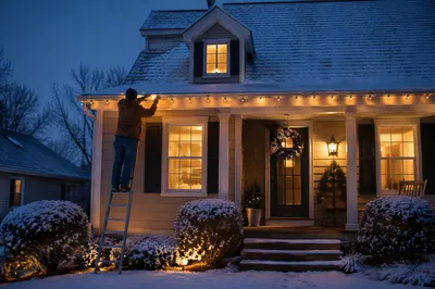 Hanging Christmas Lights on Snowy Rooftop