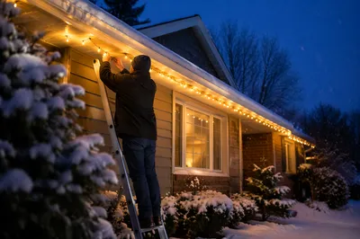 Hanging Christmas Lights on Snowy Rooftop