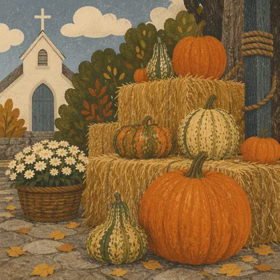 Autumn Harvest Pumpkins by Church Courtyard