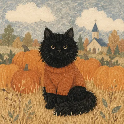 Autumn Church Harvest Cat with Pumpkins