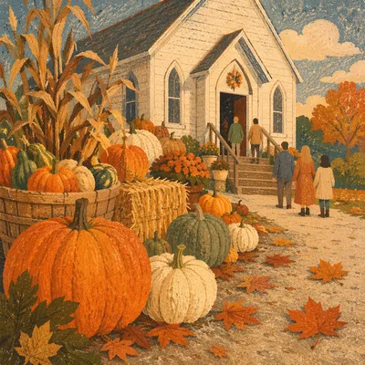 Autumn Harvest Pumpkins Outside Country Church