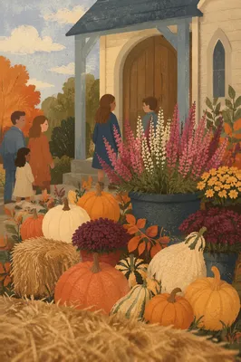 Autumn Pumpkins by Village Church Porch