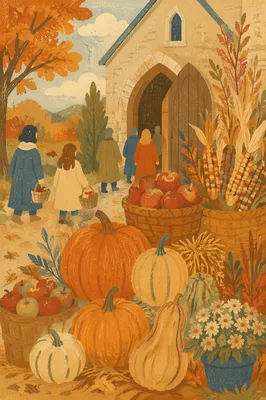 Autumn Harvest Pumpkins by Countryside Church Door