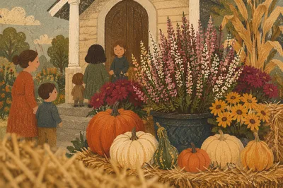 Autumn Harvest Pumpkins by Village Church Porch