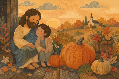Autumn Pumpkin Harvest Near Rural Church