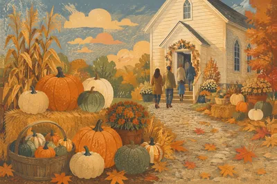 Autumn Harvest Pumpkins Outside Country Church