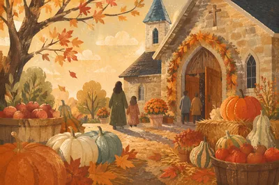 Autumn Harvest Pumpkins by Country Church
