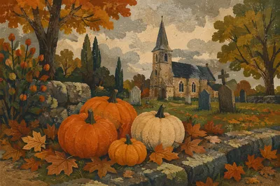 Autumn Harvest Pumpkins in Churchyard Garden
