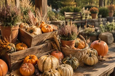 Autumn Harvest Pumpkins in Churchyard Garden