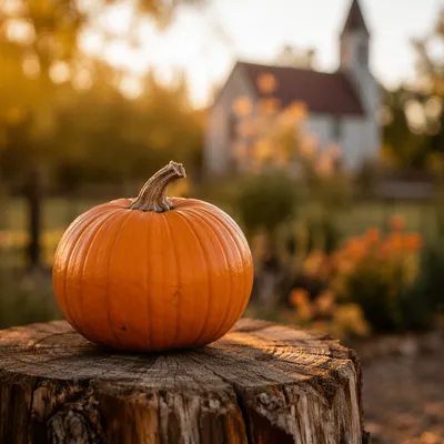 Autumn Pumpkin Harvest Near Rural Church