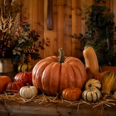 Autumn Harvest Pumpkins in Rustic Church Hall