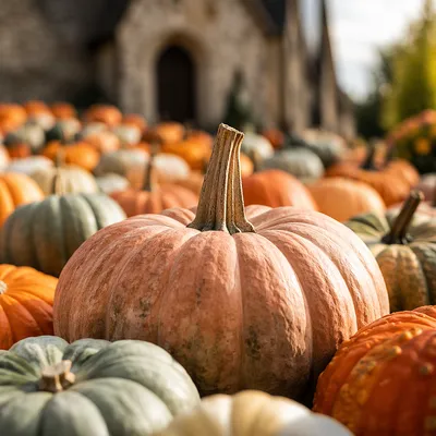 Autumn Pumpkins Outside Country Church