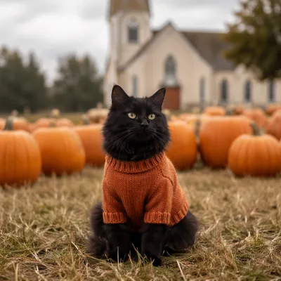 Autumn Church Harvest Cat with Pumpkins