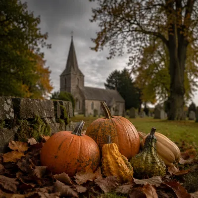 Autumn Harvest Pumpkins in Churchyard Garden