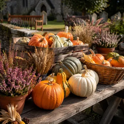 Autumn Harvest Pumpkins in Churchyard Garden