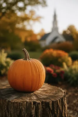 Autumn Pumpkin Harvest Near Rural Church