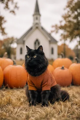 Autumn Church Harvest Cat with Pumpkins
