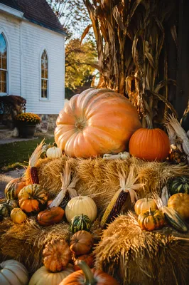 Autumn Harvest Pumpkins Outside Rural Church