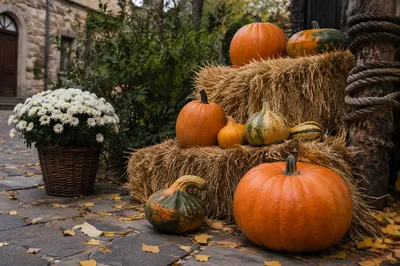 Autumn Harvest Pumpkins in Church Courtyard