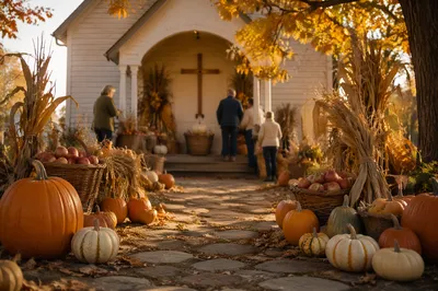 Autumn Church Harvest Festival with Pumpkins