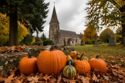 Autumn Harvest Pumpkins in Churchyard Garden