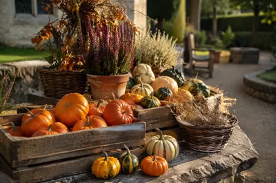 Autumn Harvest Pumpkins in Churchyard Garden