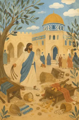 Holy Monday Temple Cleansing Courtyard Scene