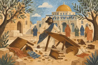 Holy Monday Temple Cleansing Courtyard Scene