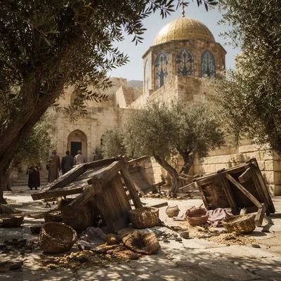 Holy Monday Temple Cleansing Courtyard Scene