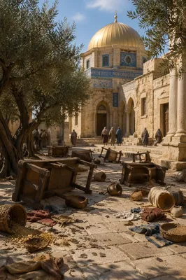 Holy Monday Temple Cleansing Courtyard Scene