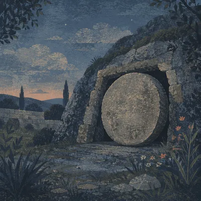 Sealed Tomb in Holy Saturday Darkness