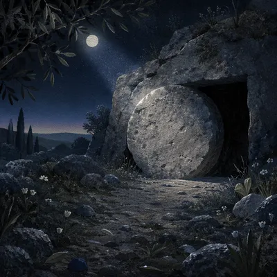 Sealed Tomb in Holy Saturday Darkness