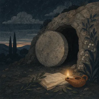 Sealed Tomb in Holy Saturday Darkness