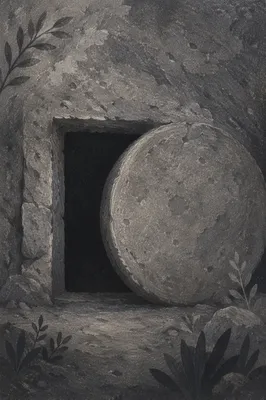 Sealed Stone Tomb in Holy Saturday Darkness