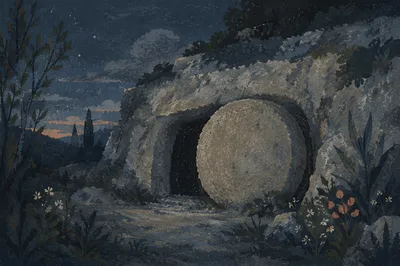 Sealed Tomb in Holy Saturday Darkness