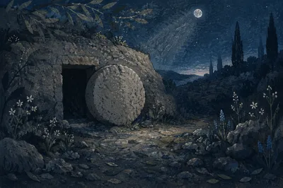 Sealed Tomb in Holy Saturday Darkness