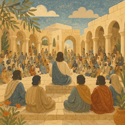 Holy Tuesday Parables in Ancient Courtyard