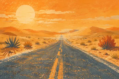 Hot Summer Sun Over Desert Road