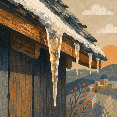 Winter Icicles on Rustic Roofline